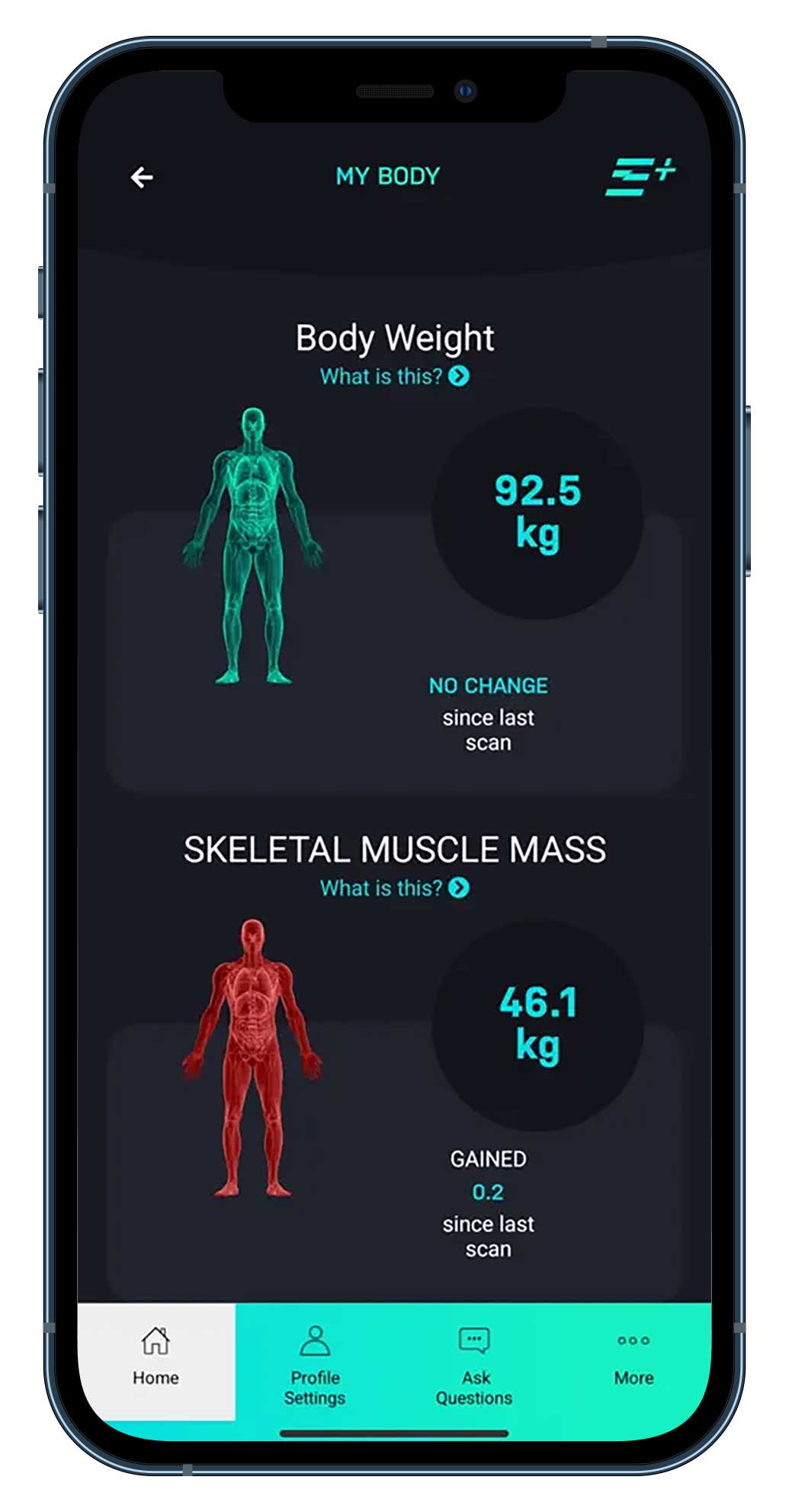 Evolt app displaying body weight and skeletal muscle mass on a mobile screen